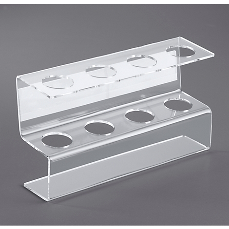 Transparent acrylic pen holder with two levels, each with four holes. On a gray background.