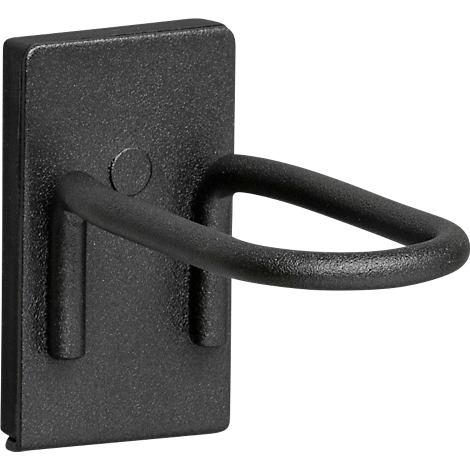 Black metal hook, rectangular plate with a semi-circular hook.