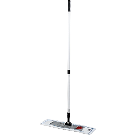 A white floor mop with a silver handle and black handle end.