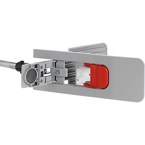 Close-up of a white cleaning device with a red insert. Gray handle on the left, trigger on the right.