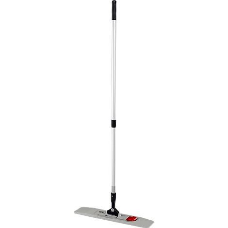 A white and gray mop with a black handle and a red detail.