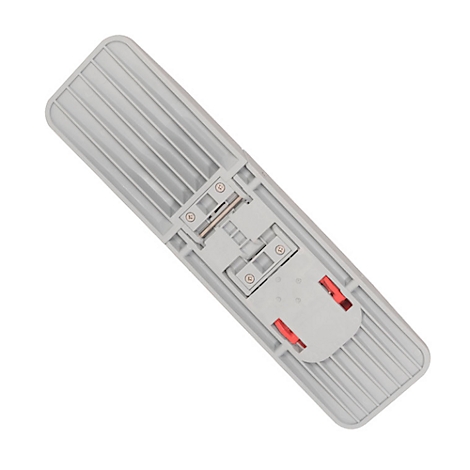 Gray mop holder with red fixture on a white background.