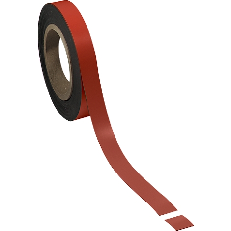 Close-up of a red tape roll, with the tape being unrolled. The tape is placed at an angle on the paper core.