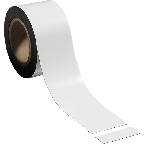 A roll of white adhesive tape. The end of the tape is unrolled from the rest of the roll and lies on a white surface.