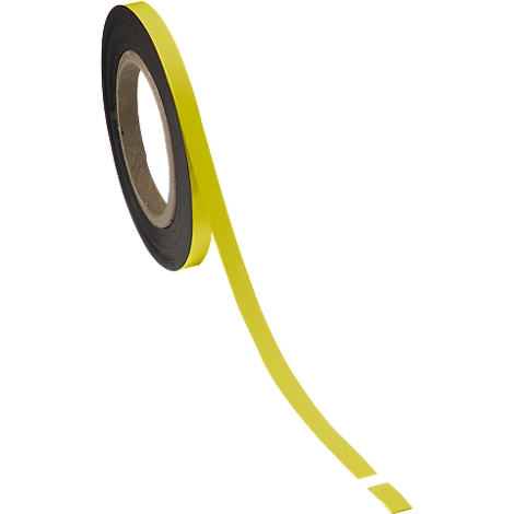 Yellow adhesive tape on a roll, partially unwound. Black sides. White background.