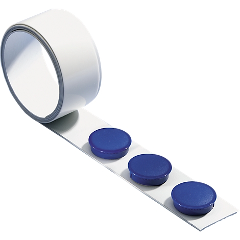Roll of adhesive tape with blue, round magnets. On white background.