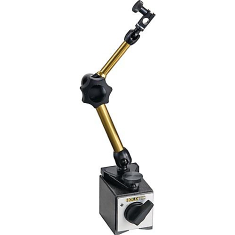 Een magnetische meetstandaard, zwart-goudkleurig met knoppen en verstelarmen.