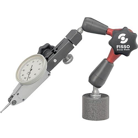 Meetklok met flexibele arm en magnetische voet. Op zwarte arm staat: FISSO Swiss Made.