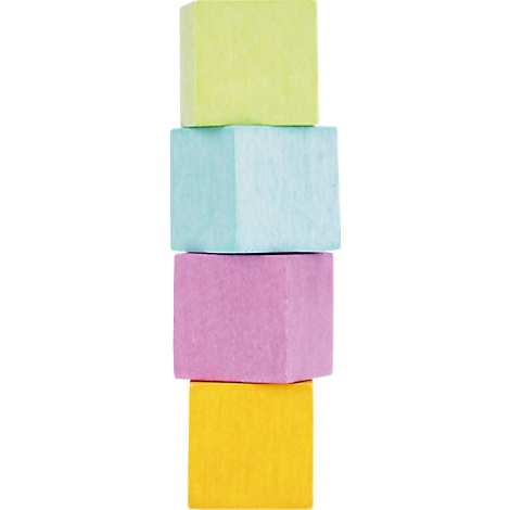 Ein vertikaler Stapel aus vier bunten, würfelförmigen Holzklötzen in Hellgrün, Hellblau, Rosa und Gelb.