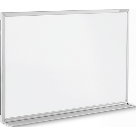 Whiteboard with a light aluminium frame and shelf. Perspective view.
