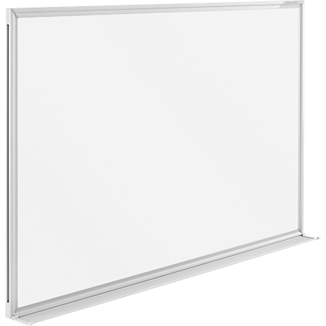 Ein leeres, rechteckiges Whiteboard mit weißer Schreibfläche und silbernem Rahmen auf neutralem Hintergrund.