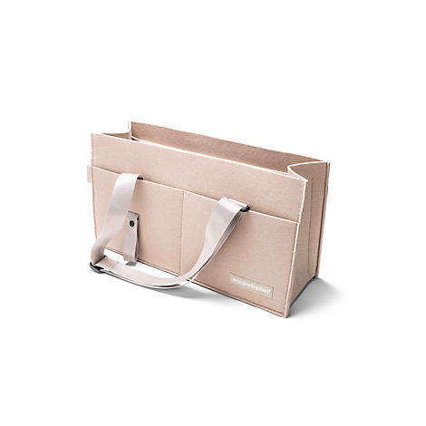 Sac organisateur en feutre beige avec poignées et poches extérieures sur fond blanc.