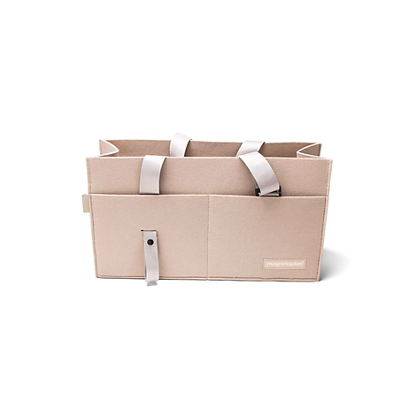 Sac de rangement en feutre beige avec poignées de transport et poches extérieures pratiques sur fond blanc.