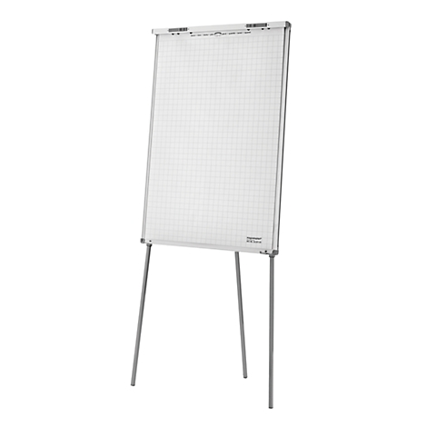 Een wit flip-overbord met geruit papier staat op een zilveren statief.