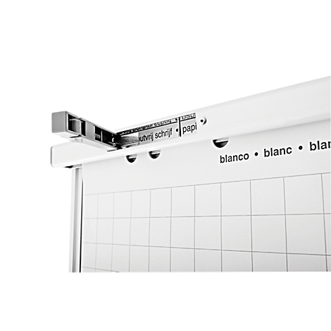 Close-up van een wit magnetisch bord met grijze beugels en belettering.