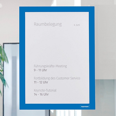 Blauer Magnetoplan Magnetfix Info-Rahmen mit Produktinfos zu Größen, Farben und Packungsinhalt auf weißem Hintergrund.