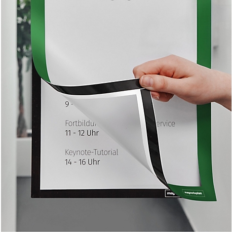 Grüner magnetofix Info-Rahmen mit Textinformationen zu Größen, Farben und Packungsinhalt auf weißem Hintergrund.