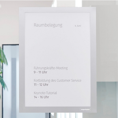 Selbstklebender Magnetoplan Info-Rahmen mit Produktinformationen zu Größen, Farben und Packungsinhalt auf weißem Grund.