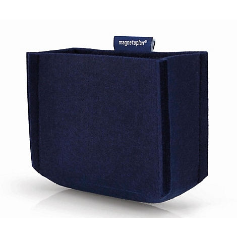 Donkerblauw vilten vakje met magnetoplan-label op een lichte achtergrond.