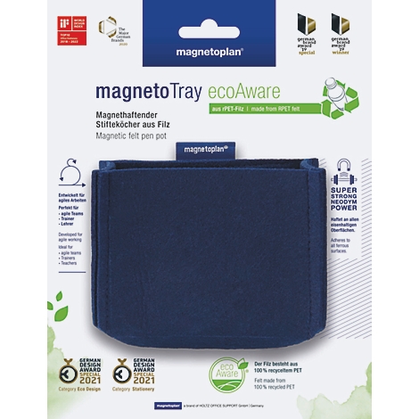 Donkerblauwe magnetische vilt pennenhouder op productverpakking met tekst en onderscheidingen.