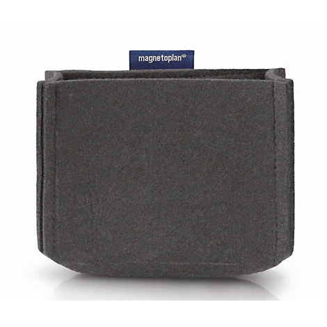 Donkergrijze vilt opbergdoos met een klein blauw magnetoplan-logo op een lichte achtergrond.