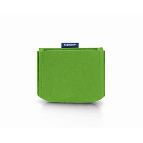 Klein, lichtgroen vilt opbergvak met een klein blauw label bovenaan in het midden.