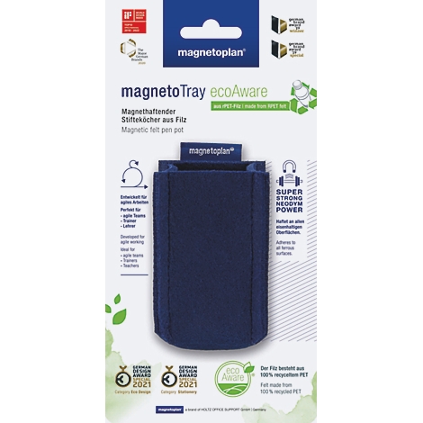 Magnetische pennenhouder magnetoTray ecoAware van blauw vilt op productverpakking.