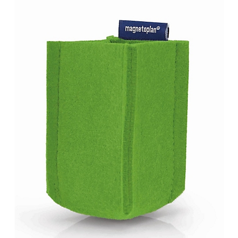 Groene vilten container voor magnetische bevestiging met blauw magnetoplan-logo label op een witte achtergrond.