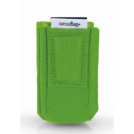 Klein, felgroen vilt tasje met senseBag-logo op een witte achtergrond.