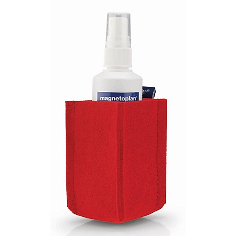 Une pochette en feutre rouge contenant un flacon pulvérisateur Magnetoplan sur fond gris clair.