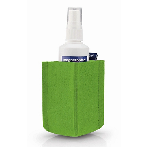 Eine hellgrüne Filztasche enthält eine Magnetoplan-Sprühflasche vor weißem Hintergrund.