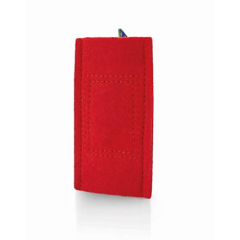 Ein rotes, rechteckiges Etui aus Filzmaterial auf weißem Hintergrund.