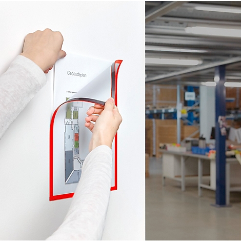 Infografik zeigt magnetischen Dokumentenrahmen an Whiteboard, Metallschrank und in Handhabung.