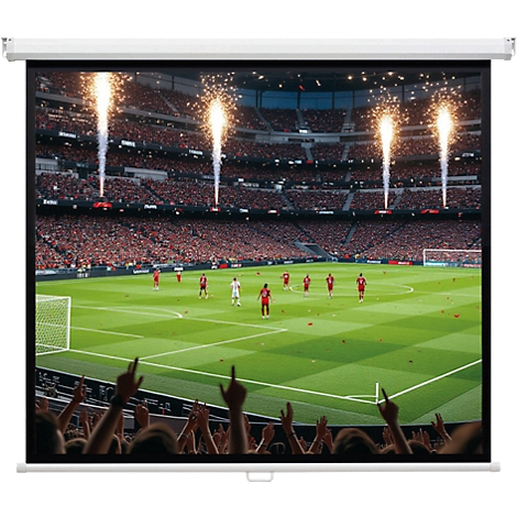 Beamer-Leinwand mit Fußballspiel-Projektion und jubelndem Publikum.