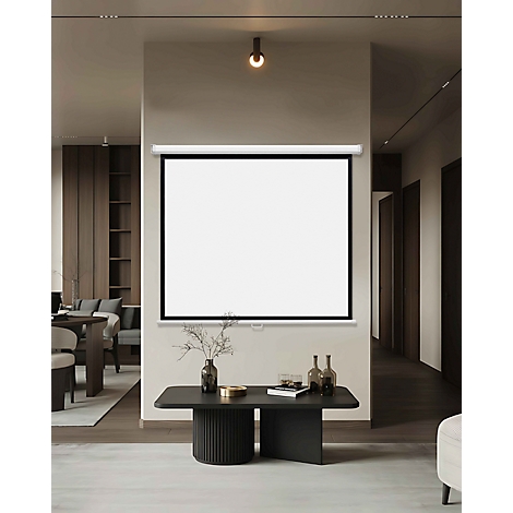Eine ausziehbare Beamer-Leinwand montiert an einer hellen Wand über einem modernen Couchtisch in einem Wohnzimmer.