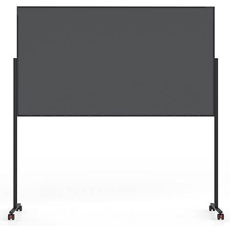Een donker, rechthoekig bord op een zwart, verrijdbaar metalen frame tegen een witte achtergrond.