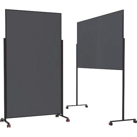Twee verrijdbare, donkergrijze scheidingswanden met een zwart metalen frame op wielen.
