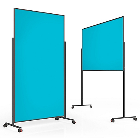 Twee verrijdbare, turquoise scheidingswanden op wieltjes voor een witte achtergrond.