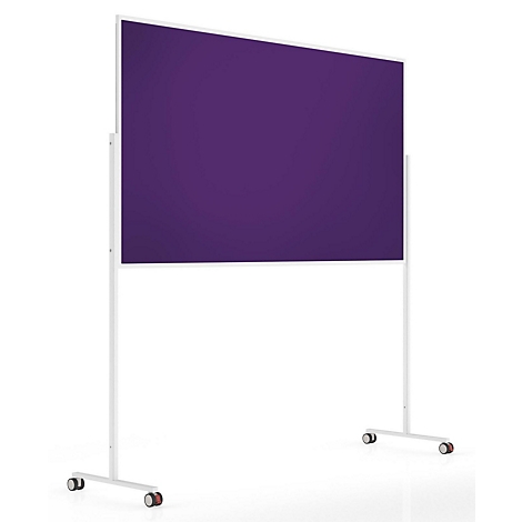 Mobiel prikbord met een donkerpaars stoffen oppervlak op een witte verrijdbare metalen standaard.