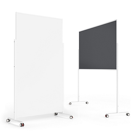 Twee verrijdbare whiteboards op standaards: een verticaal wit, een horizontaal donkergrijs.