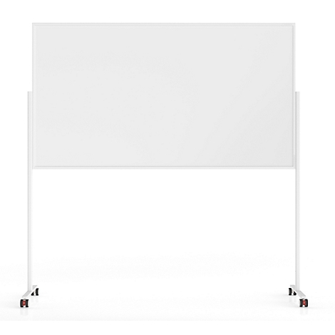 Een leeg, rechthoekig whiteboard op een wit verrijdbaar statief tegen een neutrale achtergrond.