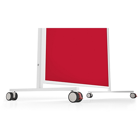 Close-up van de wielen en het witte frame van een rode mobiele scheidingswand.