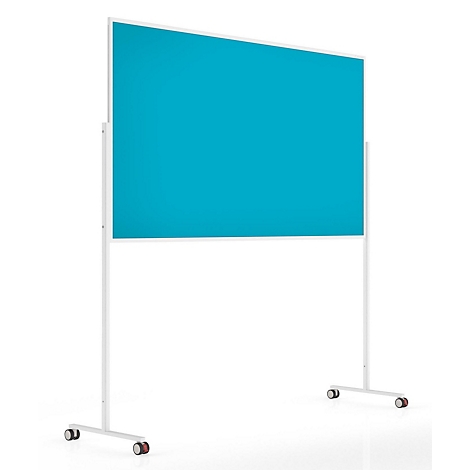Een turquoise blauw prikbord in een wit frame, gemonteerd op een verrijdbaar onderstel.