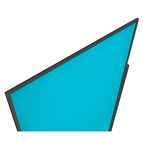 Nahaufnahme eines flachen, schwarzen Monitorrahmens mit einem hellblauen Display.