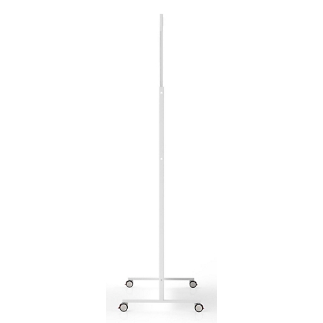 Seitenansicht eines weißen, mobilen Rollständers aus Metall auf vier kleinen Rädern.