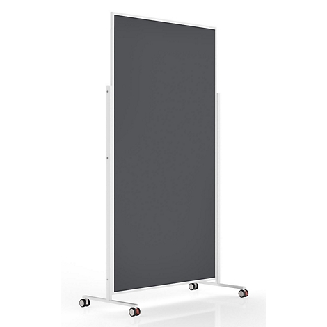 Mobile Stellwand mit dunkelgrauer, rechteckiger Fläche in einem weißen Gestell auf Rollen.