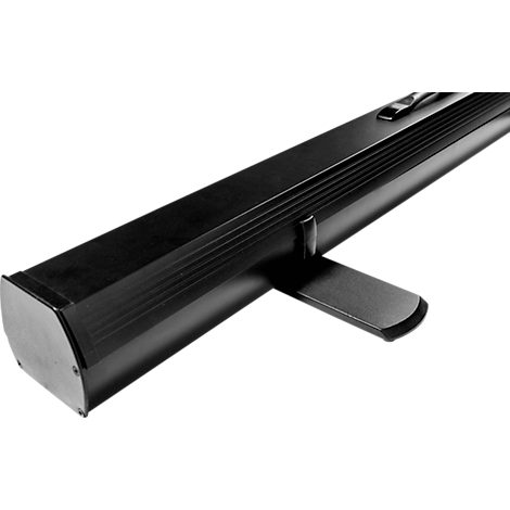 Schwarzes Rollup-Gehäuse mit ausklappbarem Standfuß aus Aluminium.