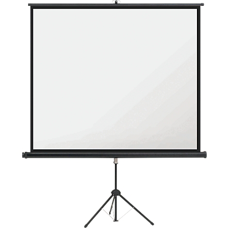Weiße ausziehbare Leinwand mit schwarzem Rahmen auf einem ausklappbaren Dreibeinstativ.