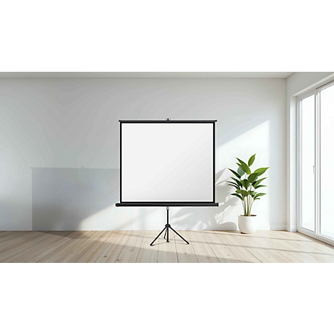 Eine weiße Projektionsleinwand auf einem schwarzen Stativ steht in einem hellen, minimalistischen Raum.