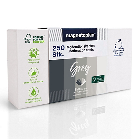 Weiße Schachtel mit 250 grauen Magnetoplan Moderationskarten, FSC-zertifiziert und plastikfrei verpackt.